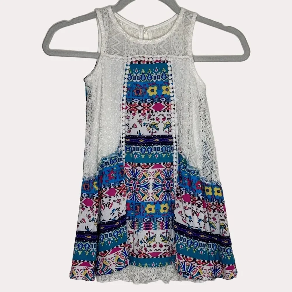 Zunie Girls Lace Trim Swing Dress A Line Floral Geometric 5